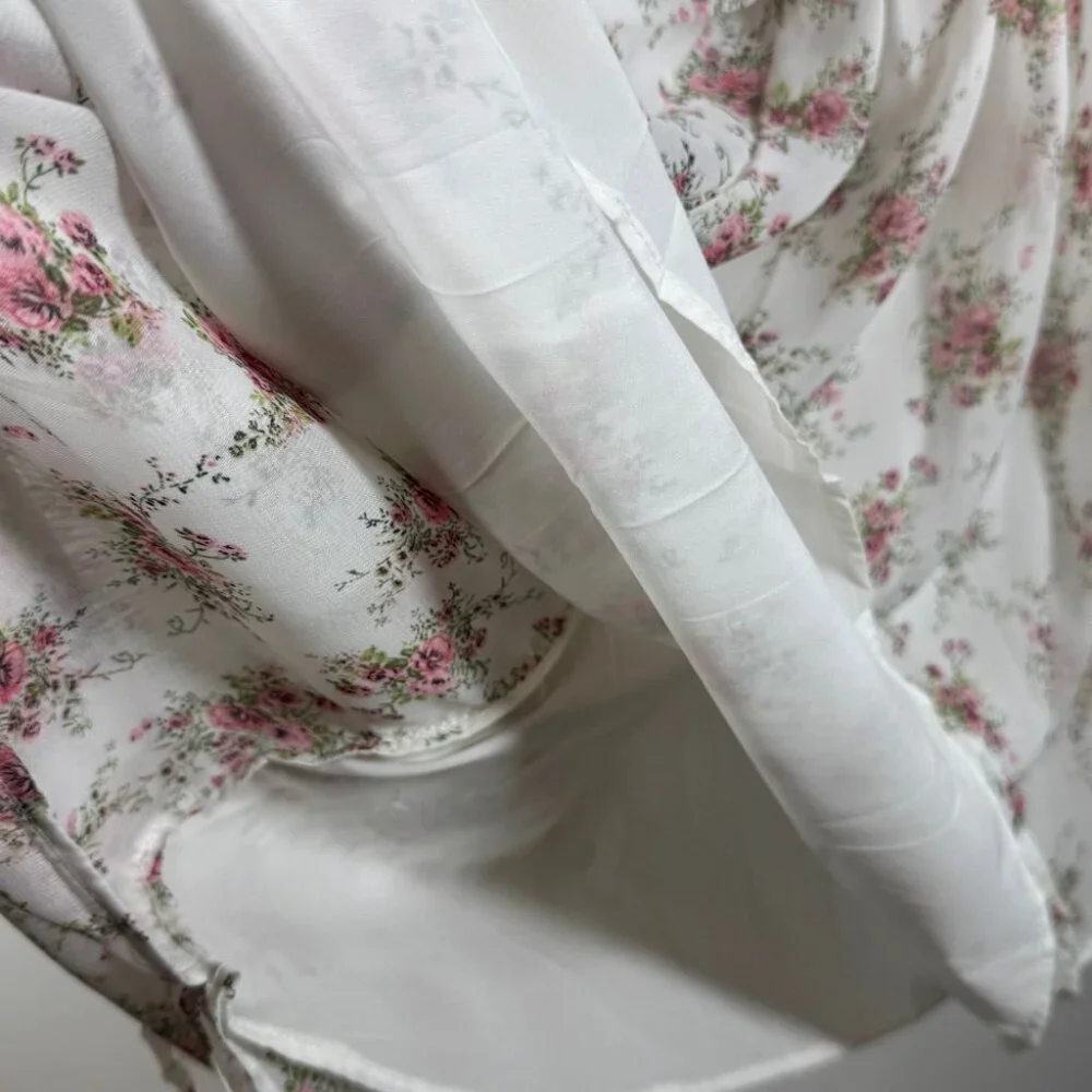 Frime White Floral Pleated Midi Skirt Size L Romantic Cottagecore Flowy Vintage - Picture 10 of 13